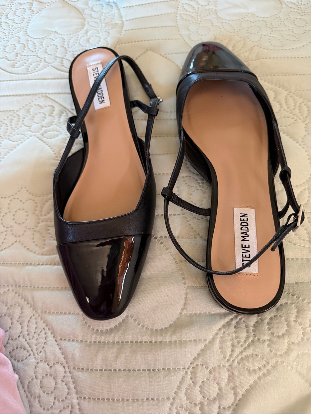 Steve Madden Black Patent Leather Pointed Slingback Flats with Buckle Strap